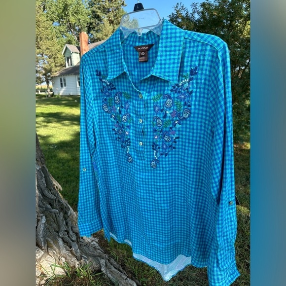 Multiples Paisley & Blue Linen Checkered Button Down Casual Blouse Womens Medium - Picture 10 of 17